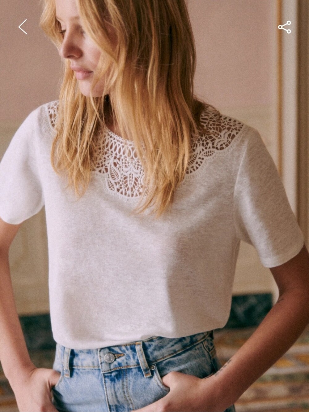 Sezane Vilma White Lace-Trim T-Shirt